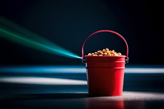 a bucket of popcorn on a dark floor. AI-Generated photo