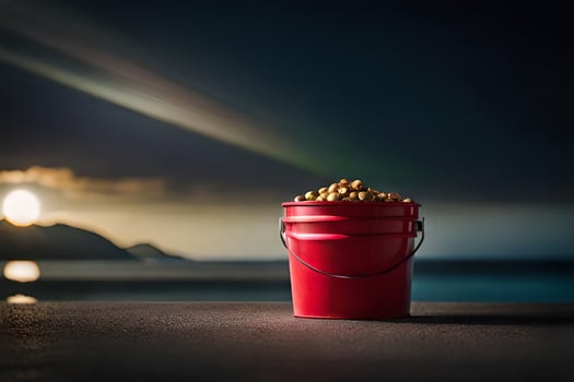 a red bucket with peanuts sitting on the ground. AI-Generated photo