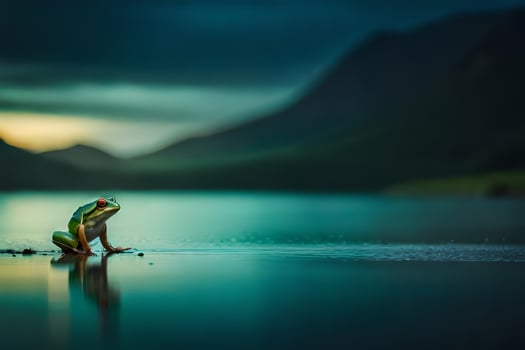 a frog sitting on the edge of a lake at dusk. AI-Generated photo