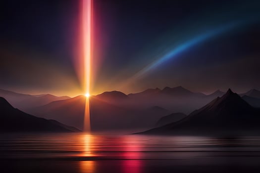 a beautiful sunset over mountains and water. AI-Generated photo