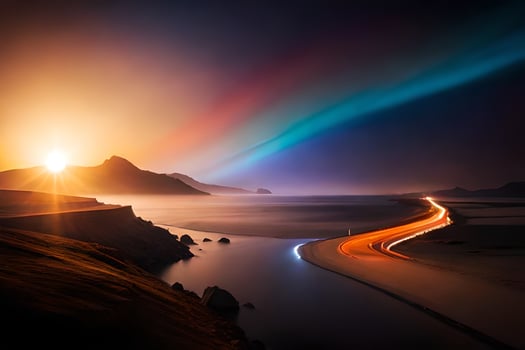 a rainbow light shines over the ocean and a road. AI-Generated photo