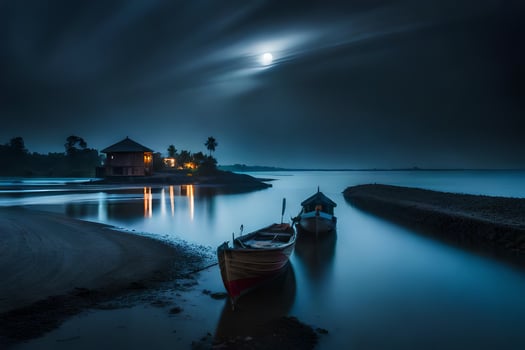 two boats sit on the shore at night. AI-Generated photo
