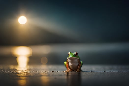 a frog sitting on the ground at night with the moon in the background. AI-Generated photo