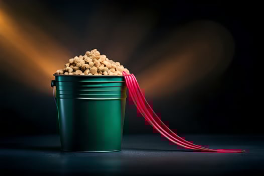 a bucket filled with popcorn on a dark background. AI-Generated photo