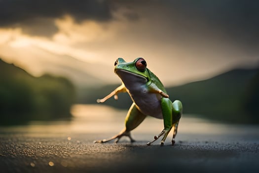 a frog is standing on its hind legs on a wet road. AI-Generated photo
