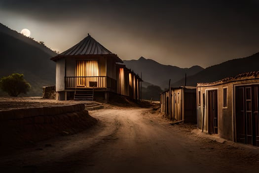 a dirt road leads to a small house in the middle of a mountain. AI-Generated photo