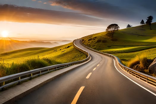 a winding road in the mountains with the sun setting. AI-Generated photo