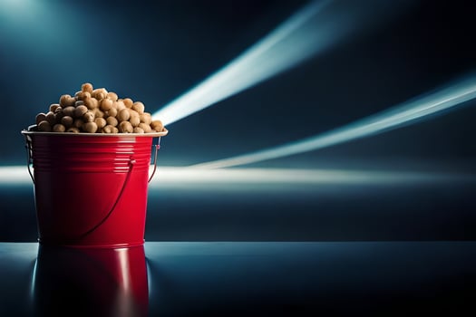 a red bucket filled with peanuts on a table. AI-Generated photo