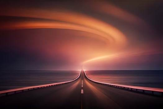 a long road with a long bridge over the ocean. AI-Generated photo