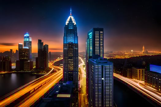 the city skyline at night with traffic lights. AI-Generated photo