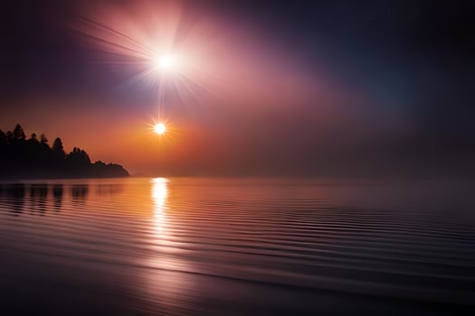 a beautiful sunset over the water with a bright star. AI-Generated photo