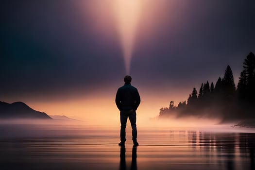 a man standing on the beach looking at the sun. AI-Generated photo