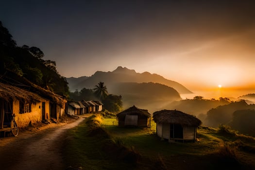 the sunrise over the village. AI-Generated photo