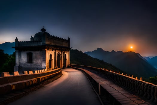 the sun sets over a bridge in the mountains. AI-Generated photo