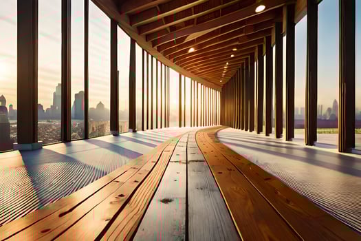 the walkway is lined with wooden planks and has a view of the city. AI-Generated photo