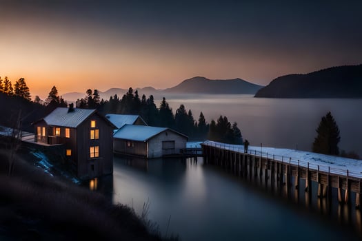 a house sits on the shore of a lake at sunset. AI-Generated photo