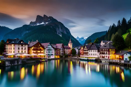 photo wallpaper mountains, the night, lake, town, switzerland, the alps, the. AI-Generated