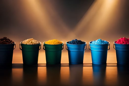 five buckets of colored powder are lined up in a row. AI-Generated photo