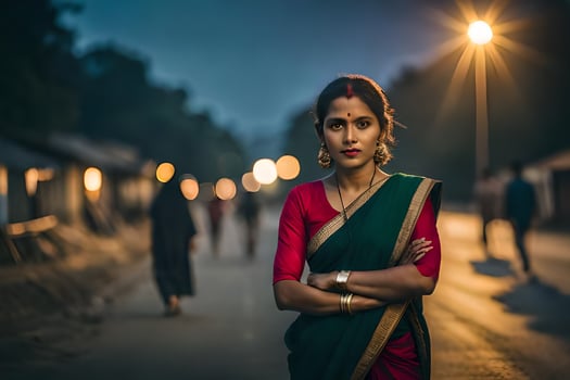 a woman in a red sari standing on the street at night. AI-Generated photo