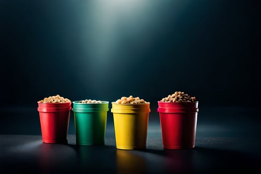 three colorful cups with popcorn on a dark surface. AI-Generated photo