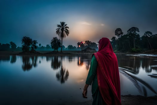 a woman in a red robe standing by the water at sunset. AI-Generated photo