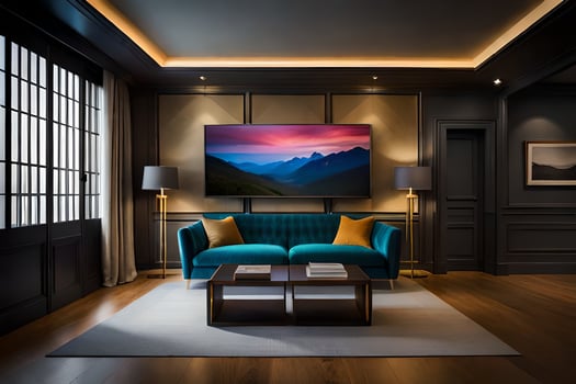a living room with a large tv on the wall. AI-Generated photo