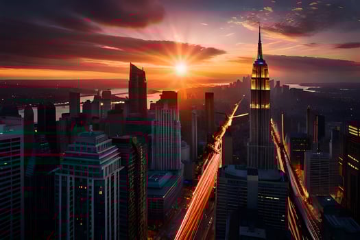 the sun sets over the city skyline. AI-Generated photo