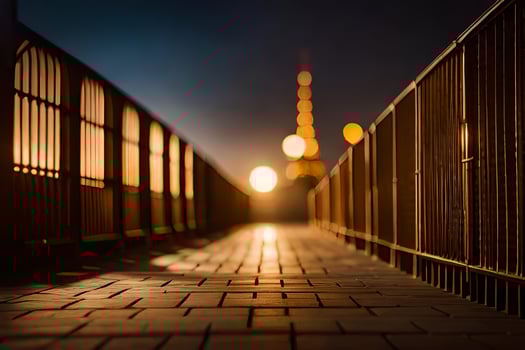 a long bridge with a lighted up city in the background. AI-Generated photo