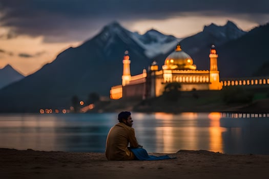 a man sitting on the sand near a lake and a mosque. AI-Generated photo