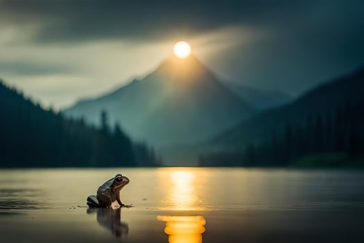a frog is standing on the shore of a lake at sunset. AI-Generated photo