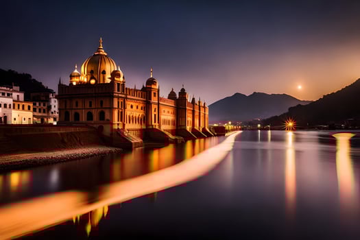 the golden temple, india, the moon, the river, water, hd wallpaper. AI-Generated photo