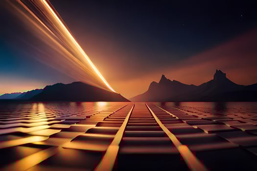 a long exposure photograph of a mountain range and a lake at night. AI-Generated photo