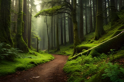 a path through a green forest with trees and moss. AI-Generated photo