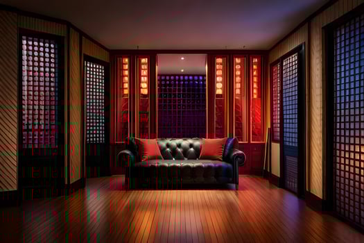 a room with red and black walls and a leather couch. AI-Generated photo
