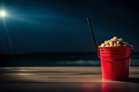 a bucket of peanuts sitting on a wooden table. AI-Generated photo