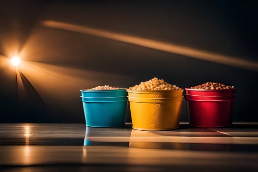 three buckets of popcorn on a table. AI-Generated photo