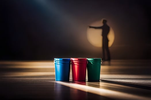 three red cups on a table with a silhouette of a man in the background. AI-Generated photo