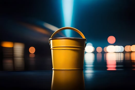 a yellow bucket sitting on a table at night. AI-Generated photo