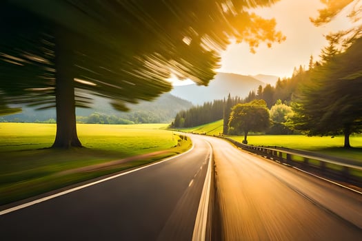 a road in the mountains with trees and grass. AI-Generated photo