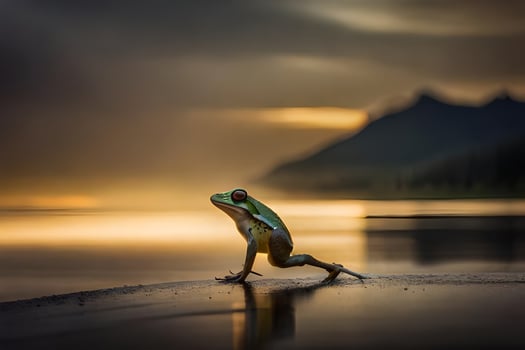 a frog standing on the beach at sunset. AI-Generated photo