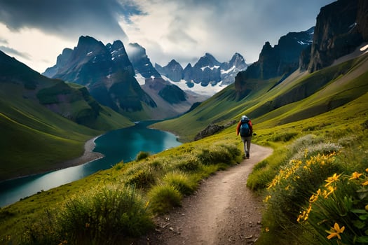 a man walks on a path in the mountains. AI-Generated photo