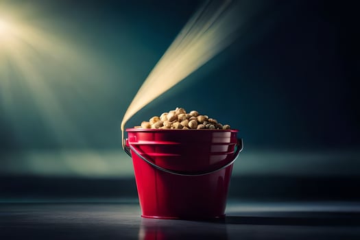 a bucket filled with popcorn on a dark table. AI-Generated photo