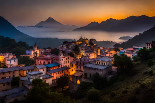photo wallpaper the sky, mountains, fog, the village, the town, the mountains, the. AI-Generated