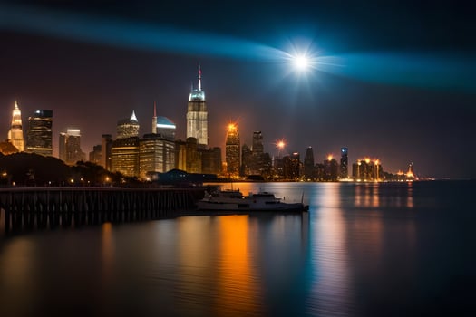 the moon rises over the manhattan skyline at night. AI-Generated photo