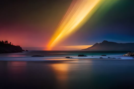 a rainbow light shines over the ocean. AI-Generated photo