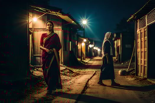 two women in saris walk down a dark alley at night. AI-Generated photo