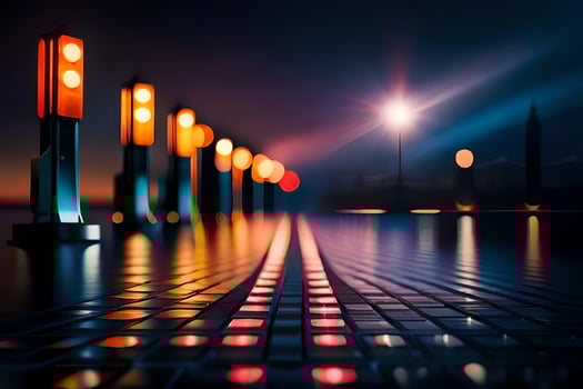 a long row of lights on a street at night. AI-Generated photo