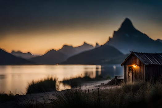 a small cabin sits on the shore of a lake at sunset. AI-Generated photo
