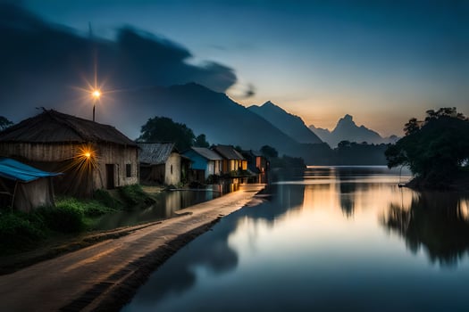a river in the mountains at dusk. AI-Generated photo