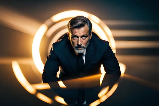 a man in a suit and tie is sitting in front of a circular light. AI-Generated photo